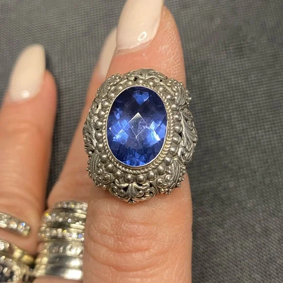 Blue Topaz and Sterling silver .925 ring. 
Size 6
Gorgeous detail. - Picture 3 of 9